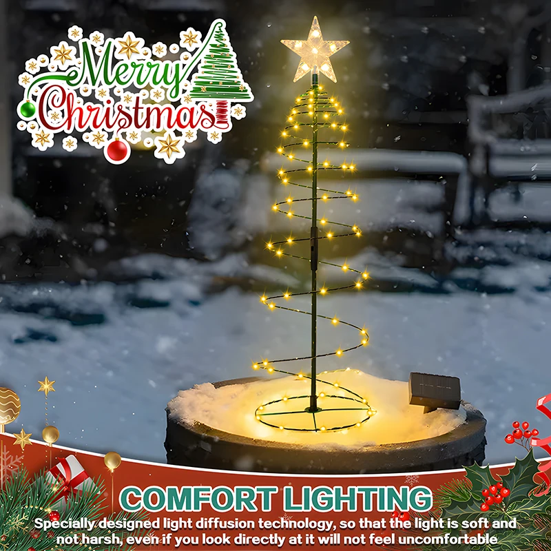 Solar LED Spiral Christmas Tree Light IP65 Waterproof Warm White Copper Wire Lamp for Yard Patio Indoor Outdoor Xmas Decor`