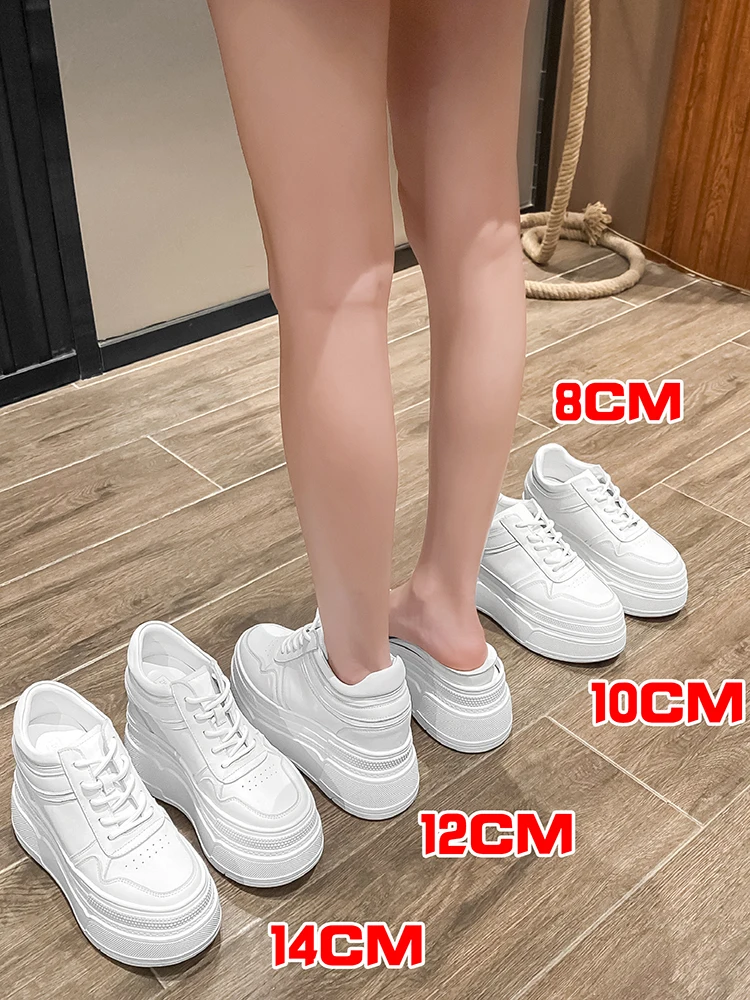 

14cm Height Increasing Shoes Genuine Leather Women Elevator Sneakers White Casual Shoes 8-14cm Platform Thick Sole Shoes