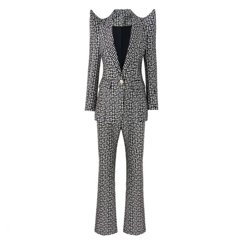 Pant Suits Blazer Shrug Plaid Geometric 2022 New Designer Pattern Jacquard One Button Straight Pants Blazer Women High Quality