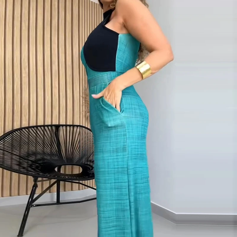 

Summer Sleeveless Wide Leg Pants Overalls Vintage Contrast Patchwork Halter Jumpsuits for Women Spring High Waist Slim Playsuits