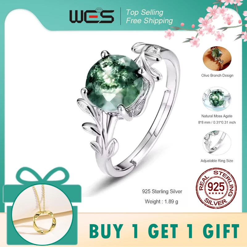 

WES 925 Silver Olive Branch Unique Moss Agate Natural Adjustable Promise Ring For Woman Wedding Jewelry Earth Day Gift Wholesale