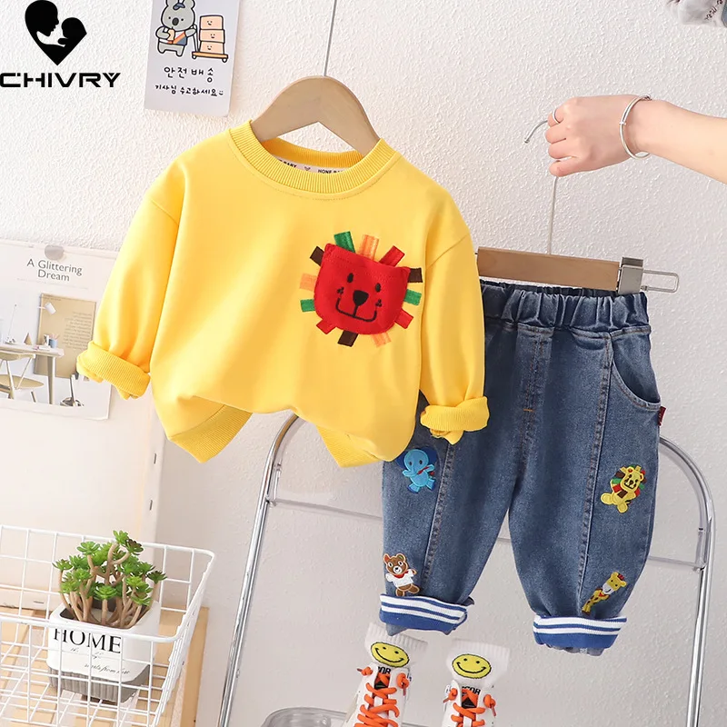 

New 2023 Kids Baby Spring Autumn Cute Cartoon O-neck Pullover Sweatshirt Tops with Denim Pants Boys Girls Fashion Clothing Sets