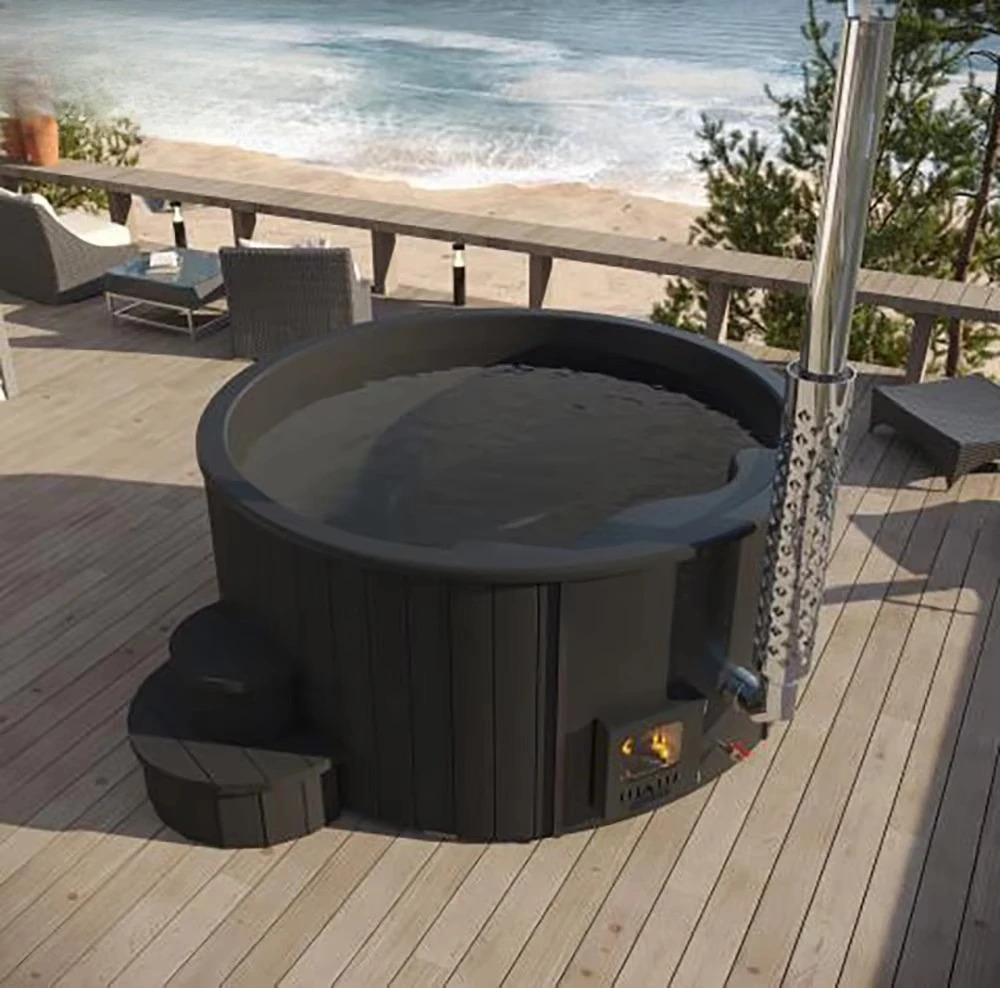 Newly fired dark wood hot tub for outdoor spa soaks for multiple people