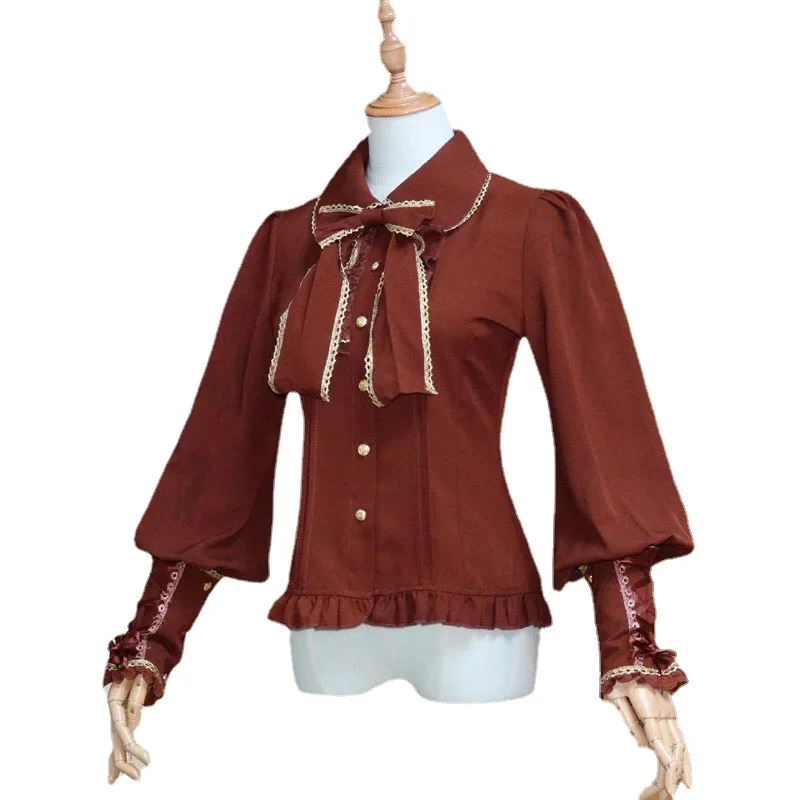 Dress Shirt Steampunk Victorian Costume Women Vintage Slim Fit Chiffon Blouse Lolita Bow Tie Lantern Sleeves Top Braid For Lady