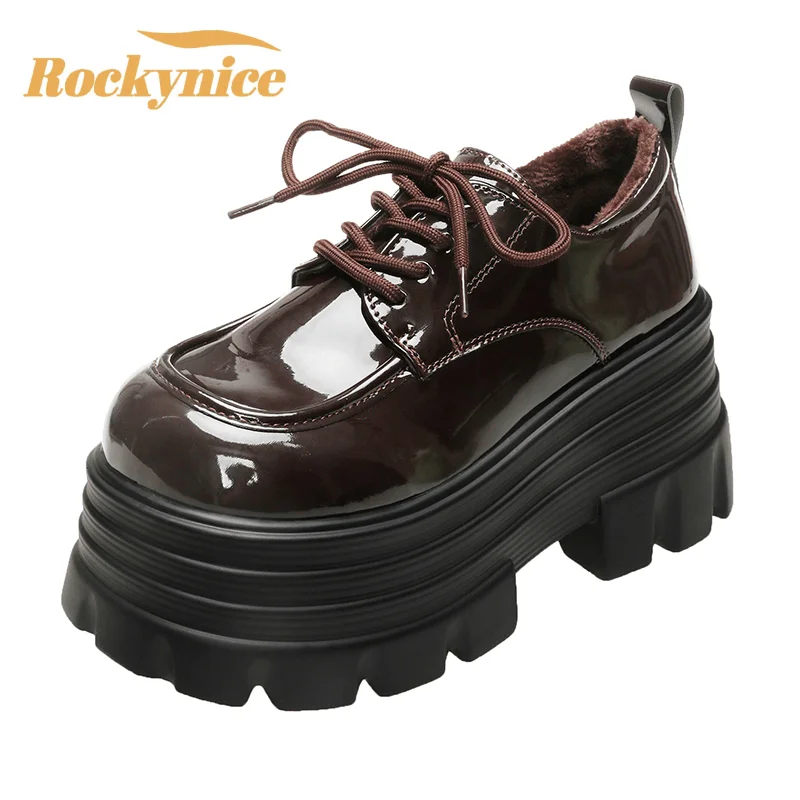 

New Women Winter Warm Sneakers Lace-up High Platform Leather Shoes Woman Gothic Ankle Rock Boots Thick Bottom Fur Shoes 9CM