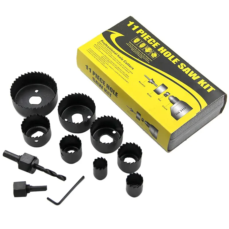 

11pc Black Hole Saw Woodworking Gypsum Board Hole Opener 19-64mm Ceiling Hole Punching Tool Set Plastic Box