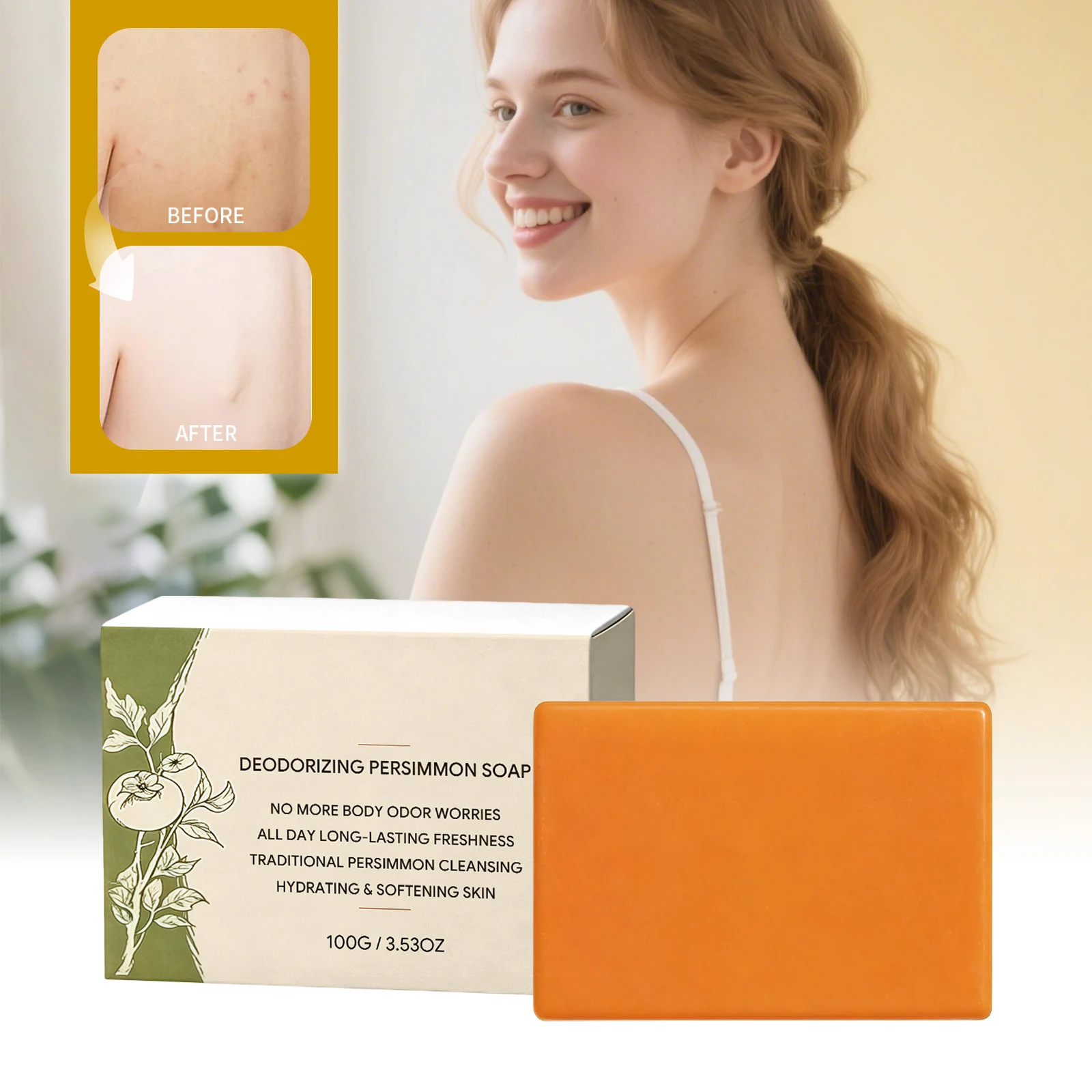 Natural Persimmon Fruit Extract Soap Bar Deep Cleansing Hydrating Body Wash Dry Skin Daily Shower Care Long-Lasting Fresh Scent