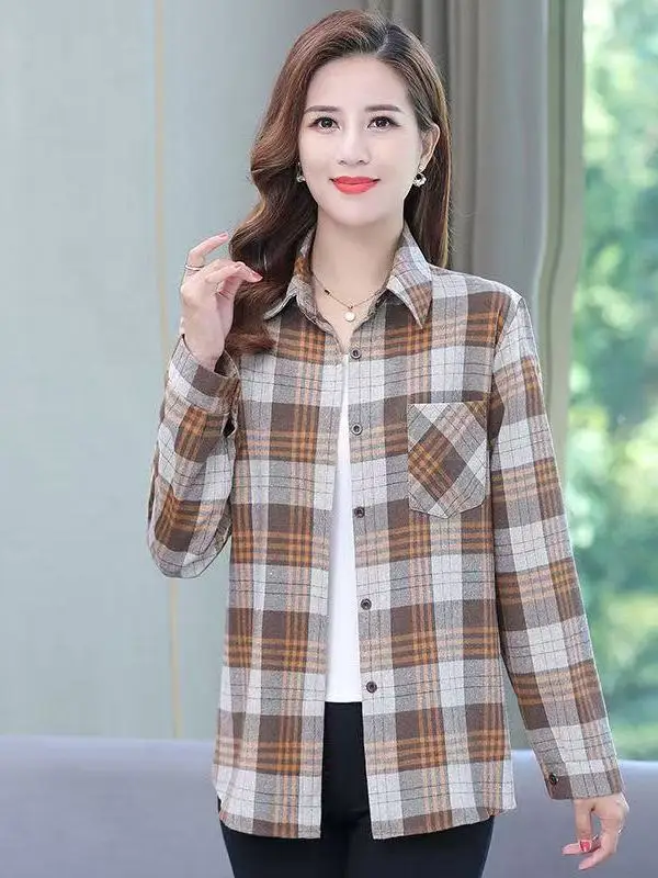 Primavera verão xadrez algodão irt turn-down colarinho casaco para mulheres de meia idade respirável confortável solto ajuste longo sve
