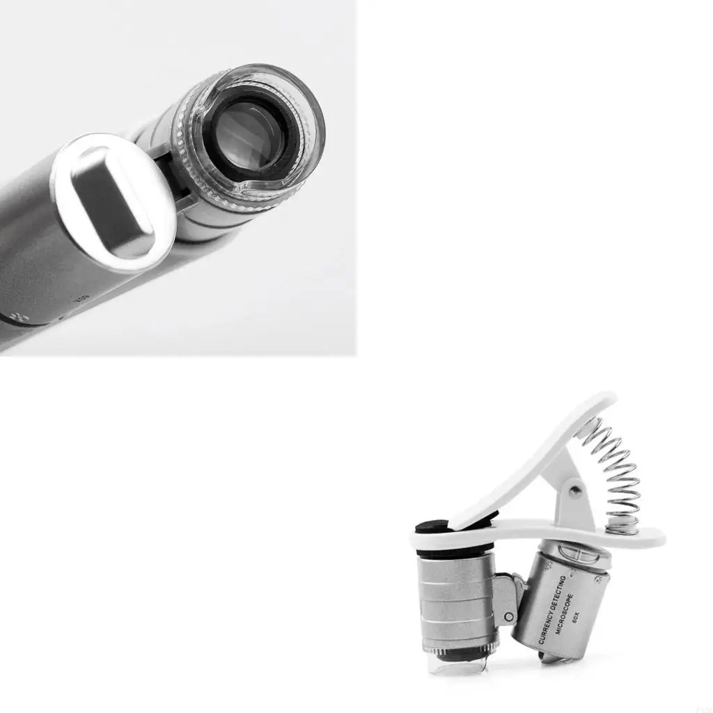 P82E 60X กล้องจุลทรรศน์ไฟส่องสว่าง Mgnifying แก้วแว่นขยายพร้อมคลิปคลิปโทรศัพท์มือถือ UV & LED Light สำหรับการพิมพ์