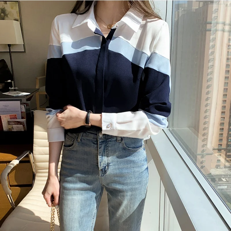 긴소매 쉬폰 여성 셔츠 오피스룩 우아한 블라우스 스트라이프 프린트 탑 패션 턴다운 칼라 의류