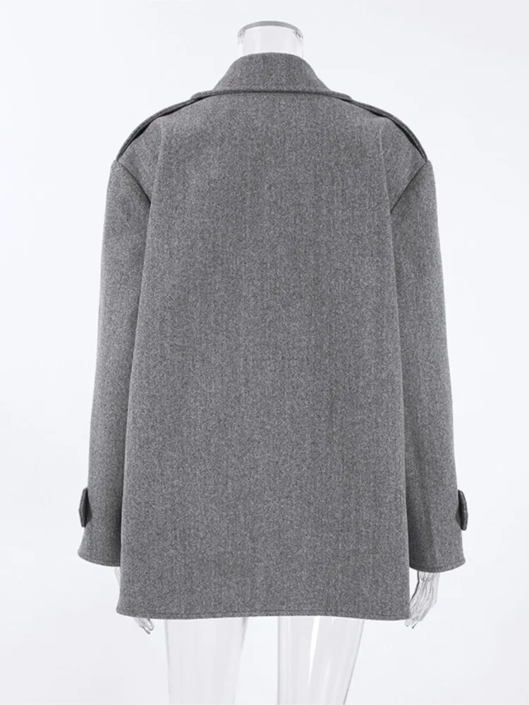 Grauer Woll-Blazer-Mantel für Damen, elegant, Vintage, zweireihig, langärmelig, Mantel 2025, neuer Frühling, Büro-Dame, lässige Anzüge, Oberbekleidung