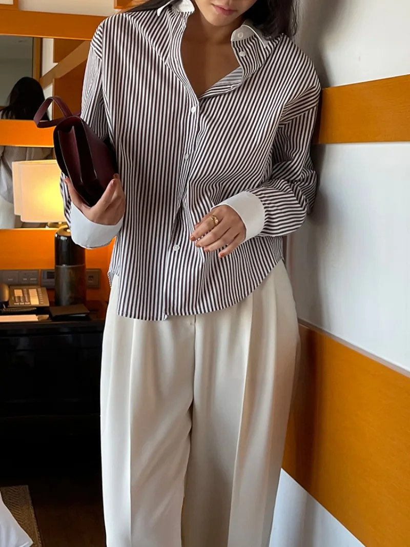 오피스 레이디 여성 블라우스 스트라이프 캐주얼 셔츠 패션 루즈 봄/여름 폴로넥 의류 긴팔 프렌치 여성 탑