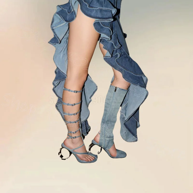 

Blue Denim Circle Heel Flip Flop Sandals Boots Side Zipper Women Shoes New Fashion Party Banquet Dating 2025 Zapatos Para Mujere