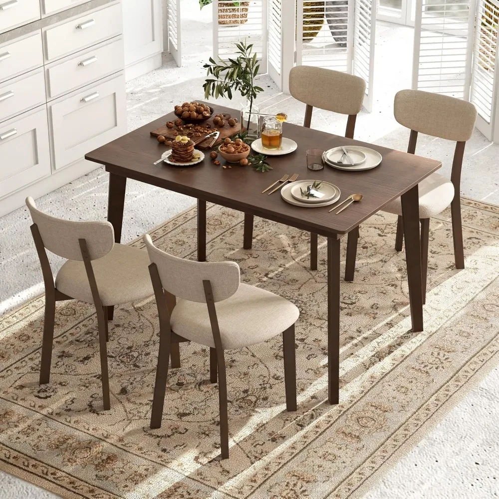 Dining Table Set for 4, Dinette Set with Table and 4 Padded Seat, Rubber Wood Legs, Curved Backrest, Mid-Century Modern