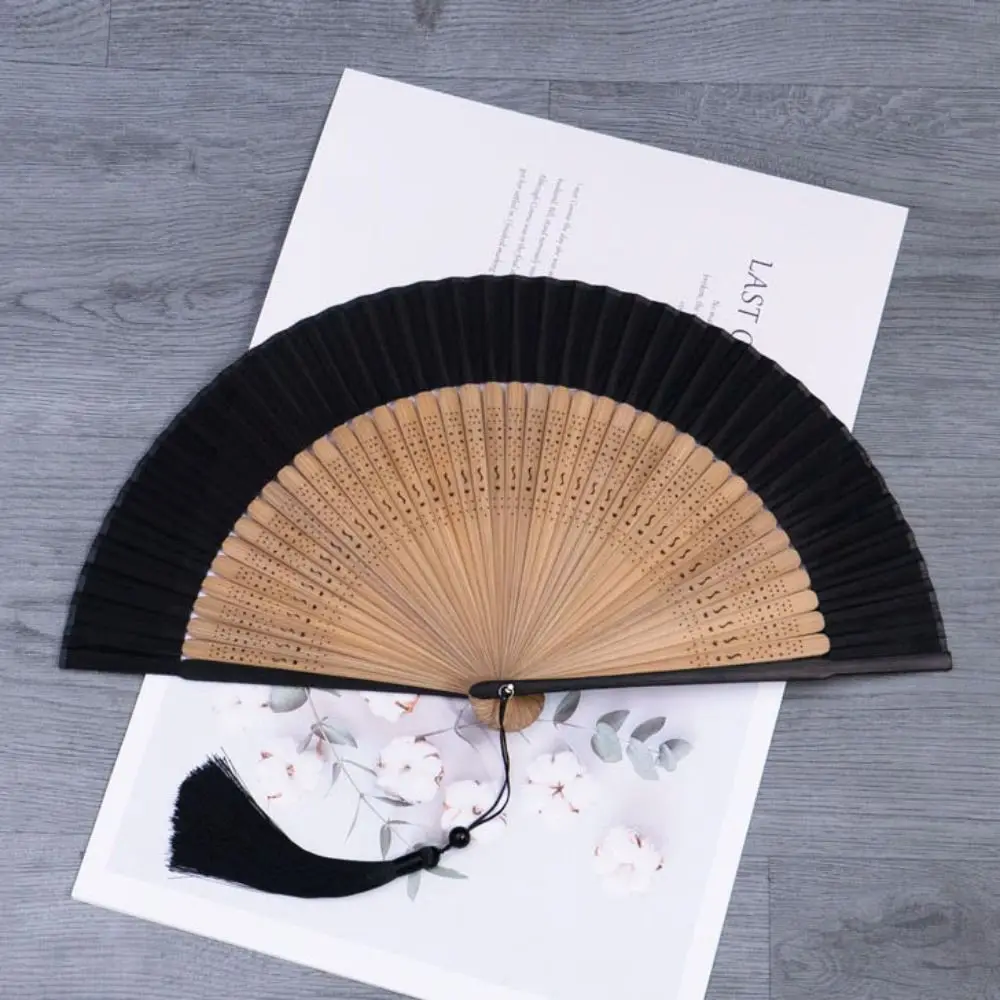 Home Decoration Carved Handle Bamboo Folding Fan Handhold Vintage Chinese Fan with Tassel Dance Fan Gift