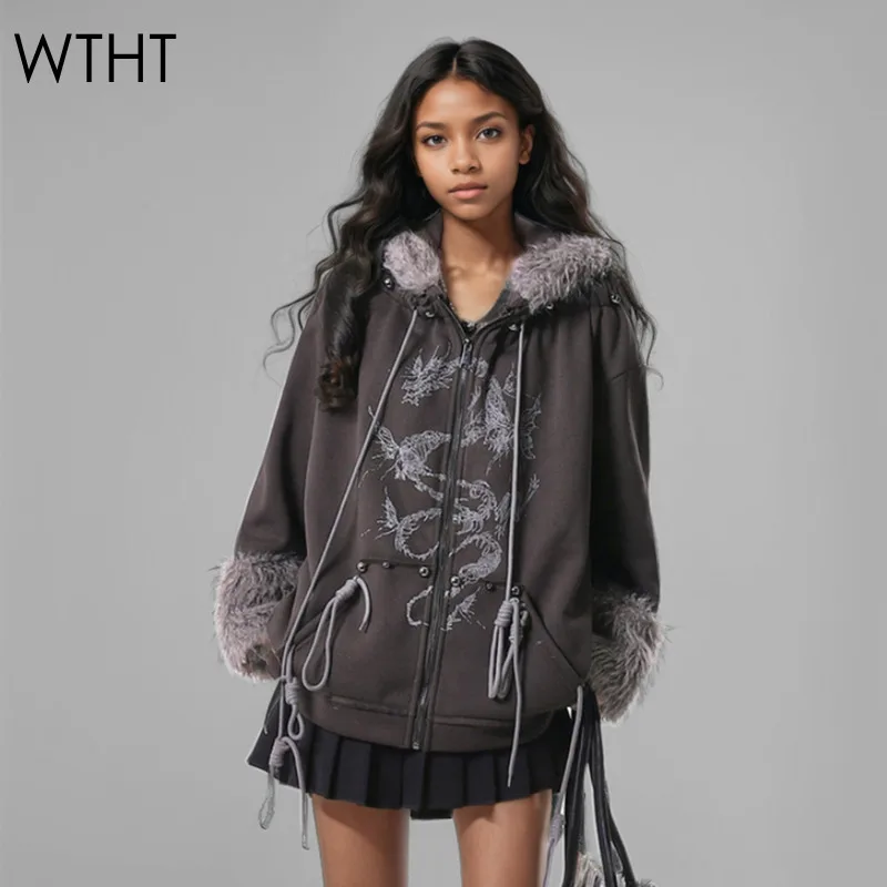 WTHT New Fashion Women's Detachable Hooded Sweatshirt 2024 Winter Spliced Plush Edge Drawstring Design Tops Female 1LS451