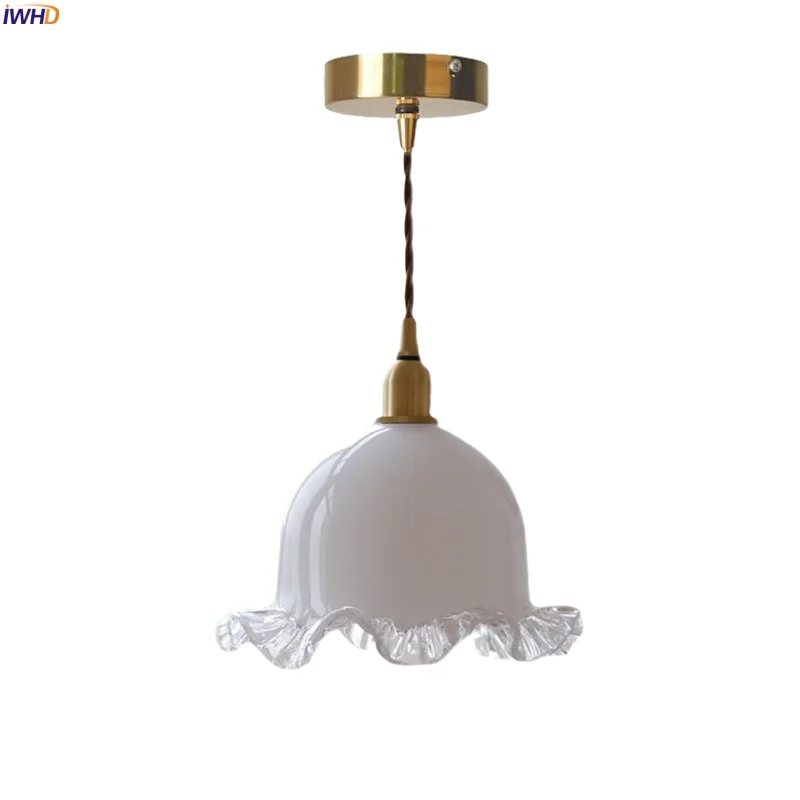

IWHD White Glass LED Hanging Lamps Bedroom Kitchen Island Children's Room Decor Copper French Vintage Pendant Lighting Hanglamp