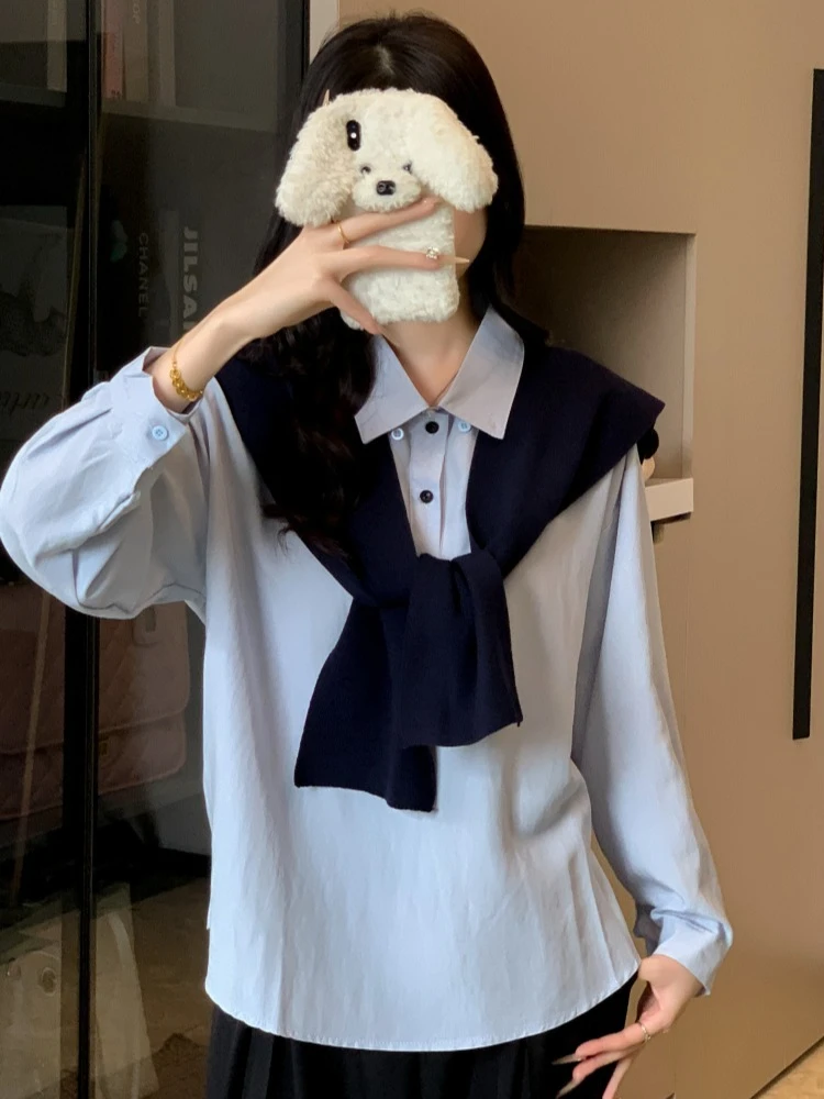 French Vintage Chic Casual Two Piece Set Tops Women Slim Fit Polo Collar Button Shirts + Shawl Elegant Autumn Fashion Outfits