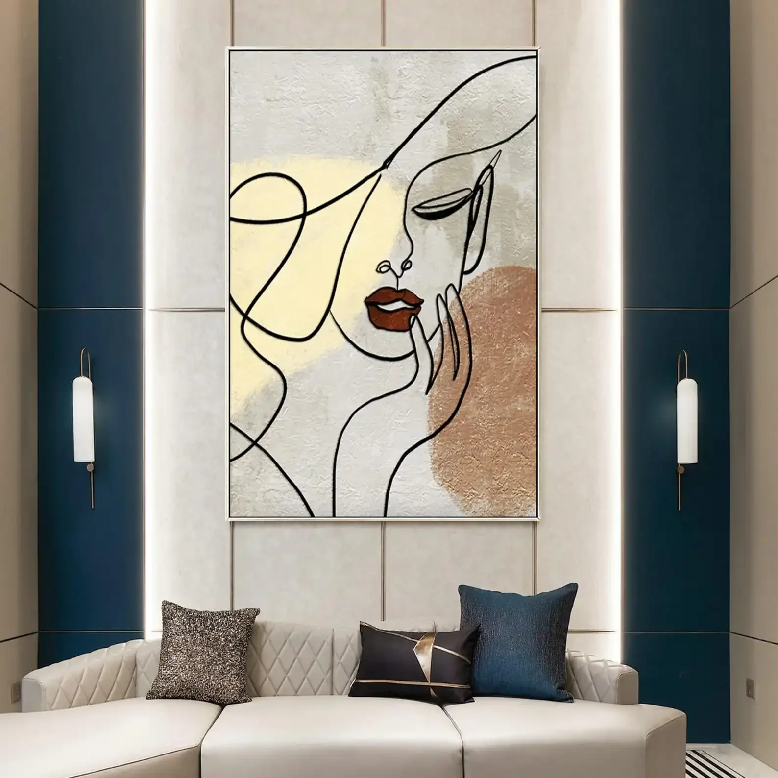 Frameless Canvas Painting Mhemyo Minimalist Beige Original Abstract Woman Portrait Hand Painted Painting Large Living Room Moder