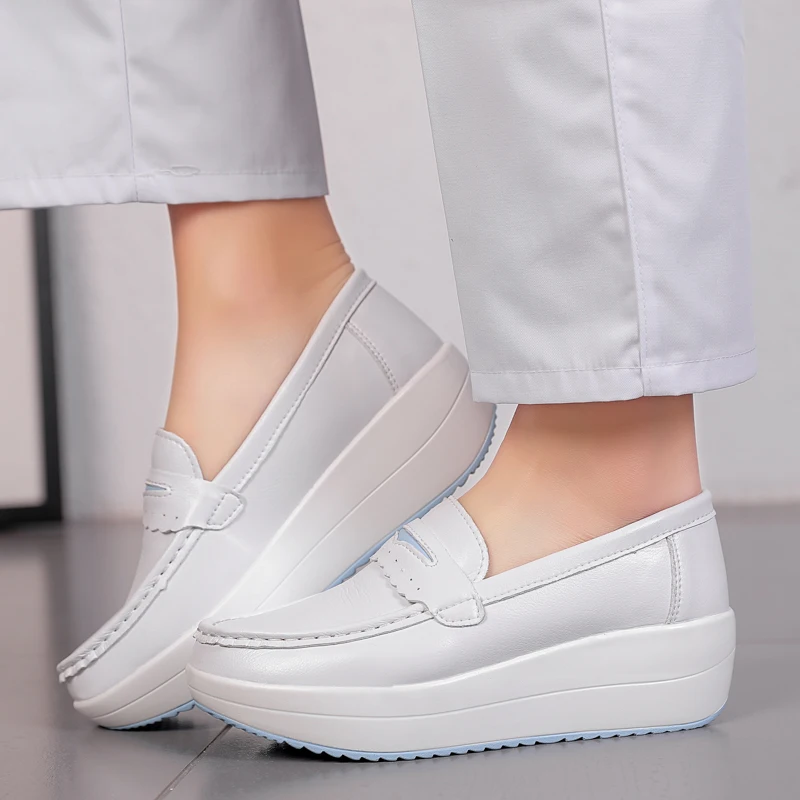 Women Platform Wedges Casual Shoes Loafers Soft Nurse Work Shoes Breathable Comfortable Non-slip White Leather Nursing Shoes