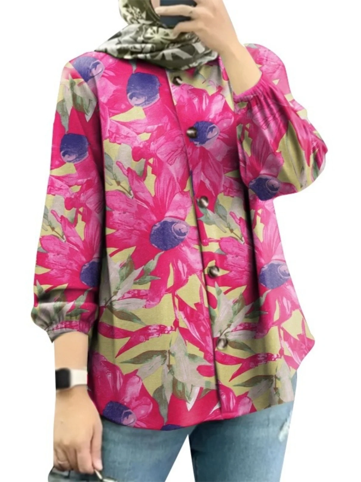 

Модная женская блузка с цветочным принтом и рукавами-фонариками, новинка 2025 года, трансграничный товар для Ближнего Востока и Малайзии, традиционный сценический костюм