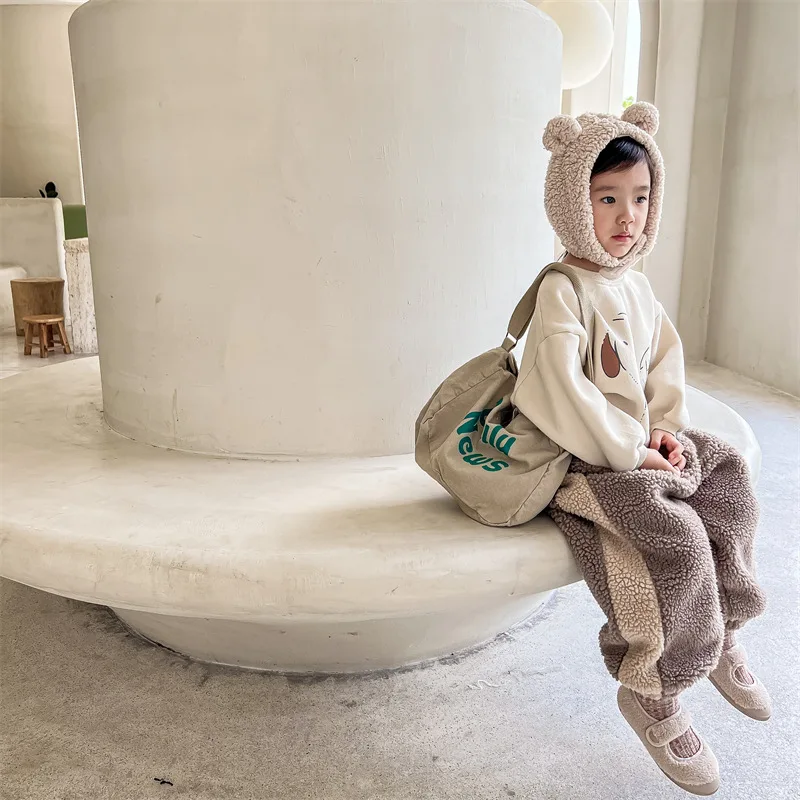 2024 Winter New Children Warm Trousers Baby Loose Lamb Fleece Pants Toddler Girls Casual Pants Solid Baby Boys Harem Pants