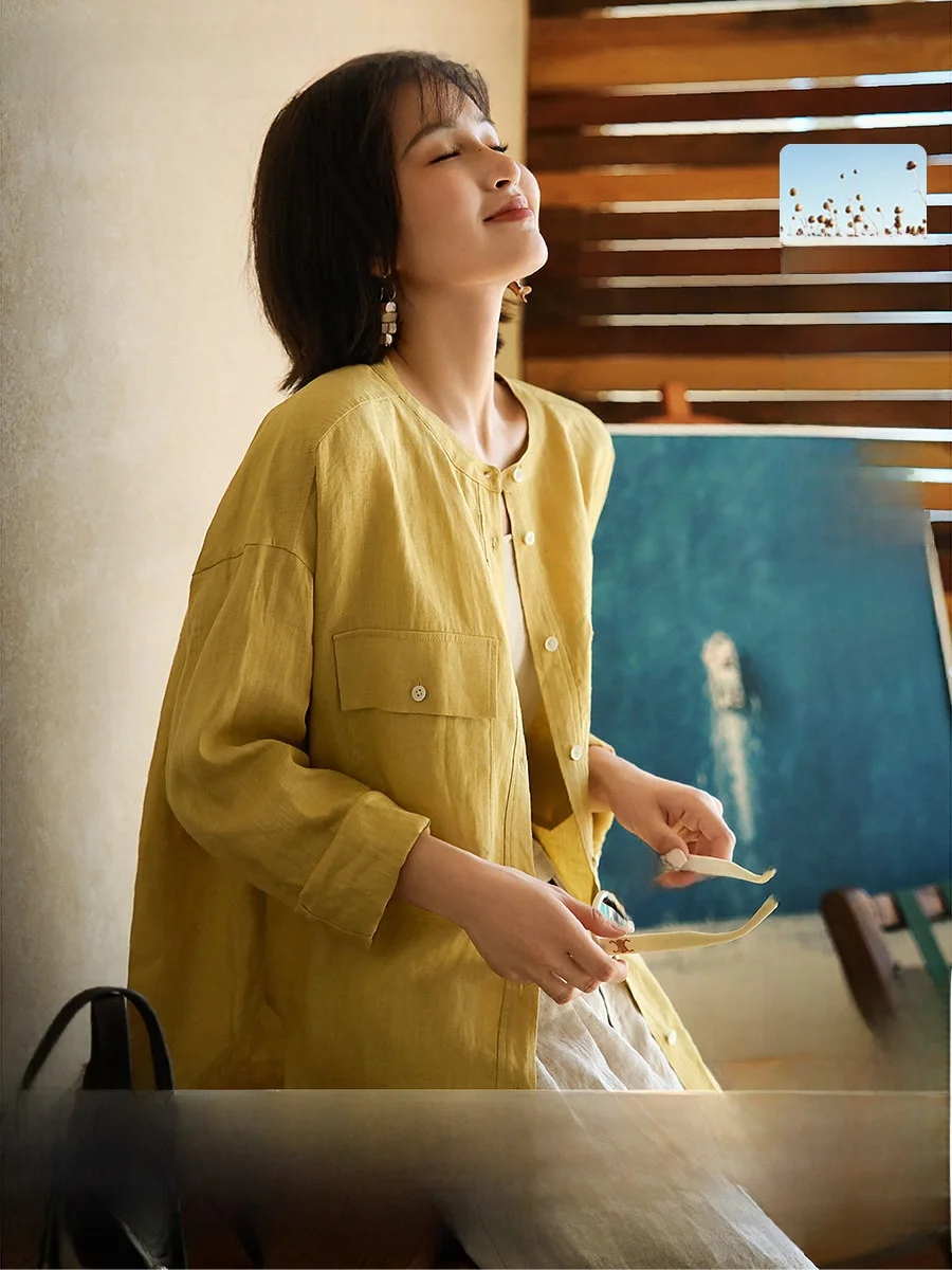 

Простая льняная рубашка с круглым вырезом, свободного кроя, женская, новый стиль, весна 2026, дышащая, удобная, повседневная, для офиса, модная, в стиле OL