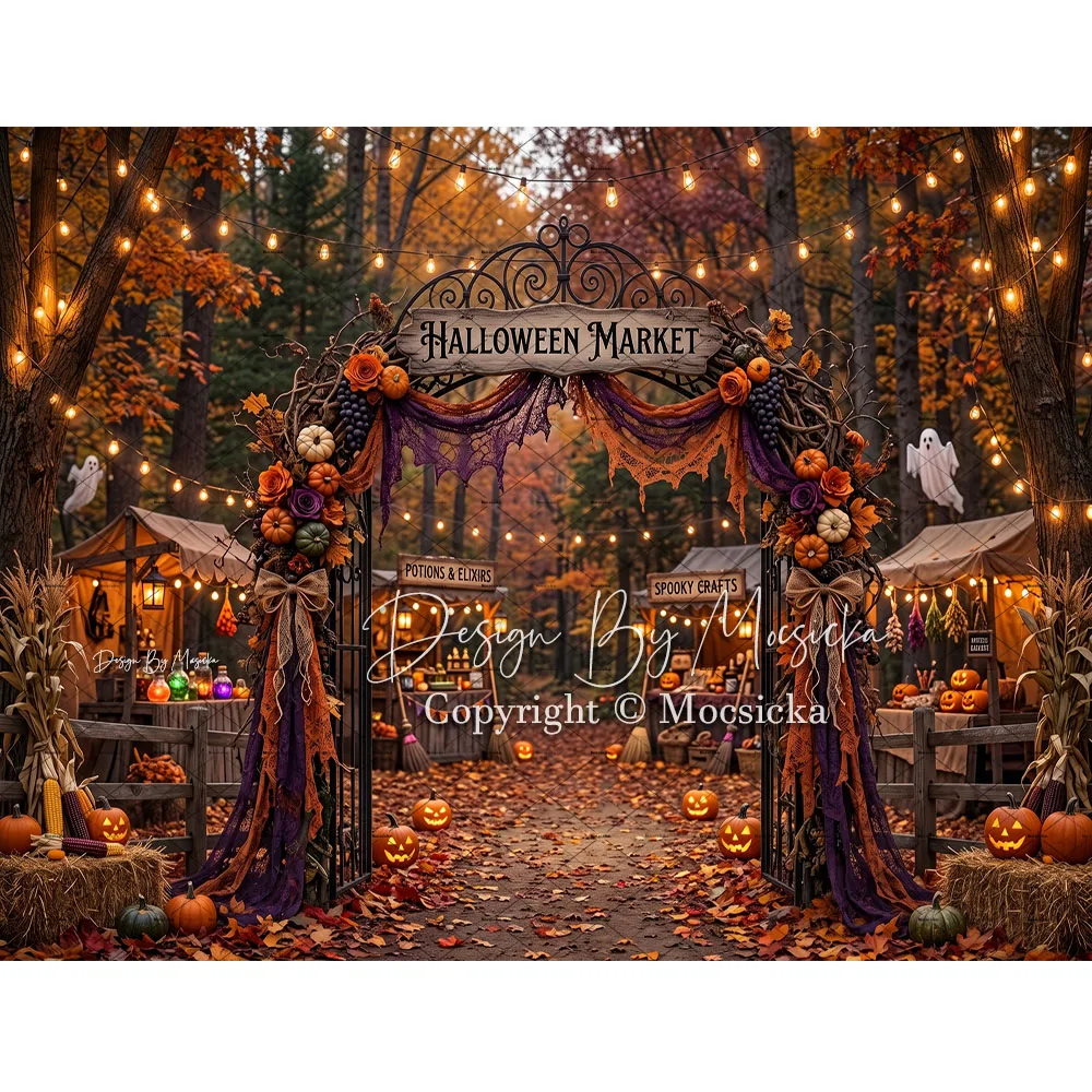 Mocsicka Rustic Halloween Market Backdrop Photography Pumpkin Wooden Fence Fall Forest Maple Arch Door Background Kid Photobooth