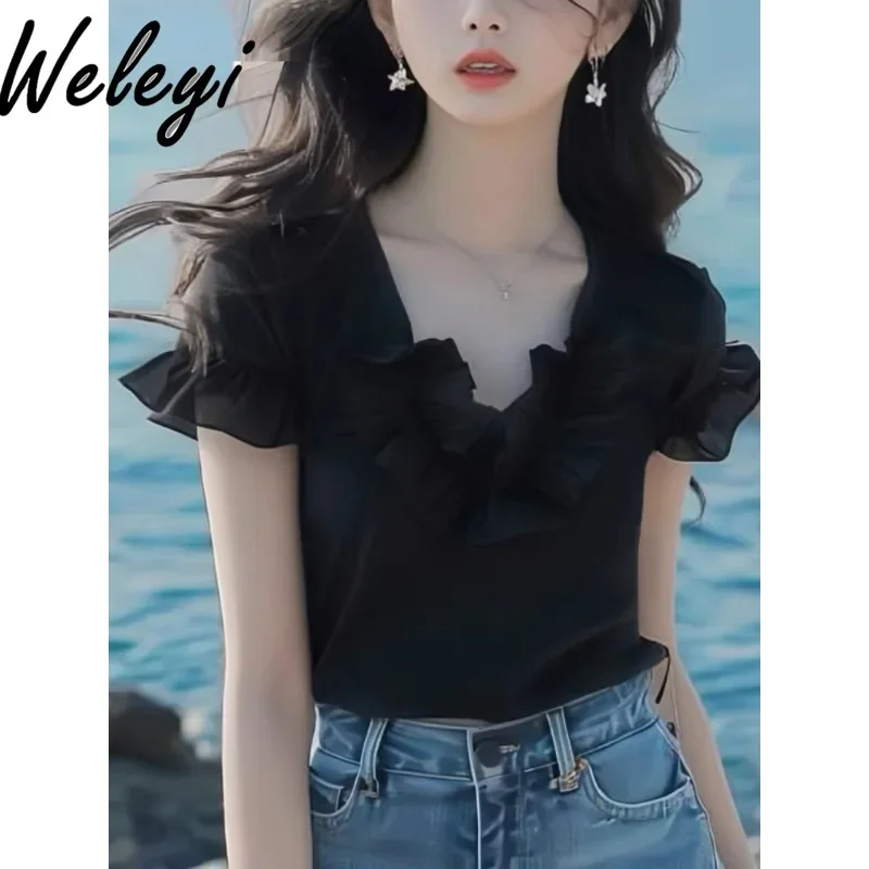 

Kawaii Korean Fashion Top New High End Cute Fashion Blusas Women Summer Wear Ruffled Short Sleeves Loose Camiseta Blusa Feminina