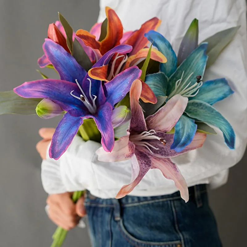 1 Stück Retro-Ölgemälde, 2 Lilien, künstliche Blumen, künstliche Blumen, Wohnzimmer, TV-Schrank, Esstisch, Hochzeitsdekoration