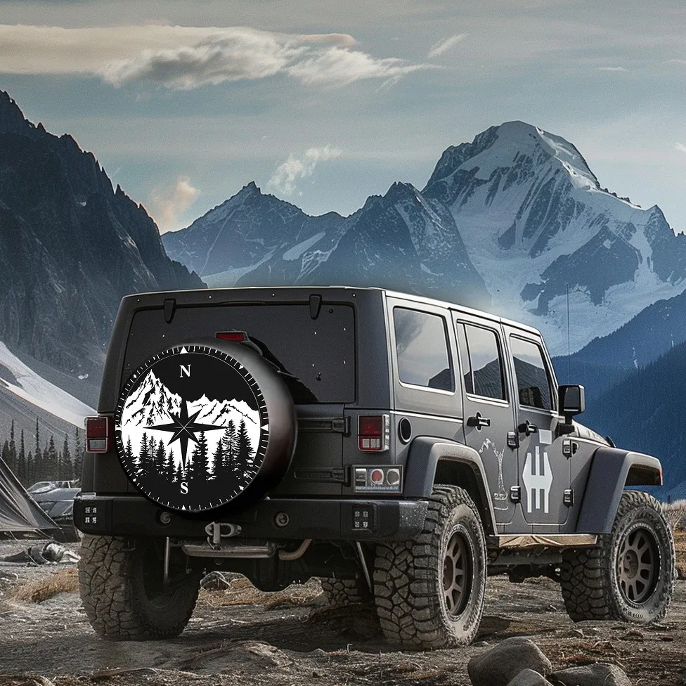 Mountain Compass Pine Tree Spare Tire Cover - Fits 28/30/32/34 Inches, Durable Windproof for Off-Road Adventures