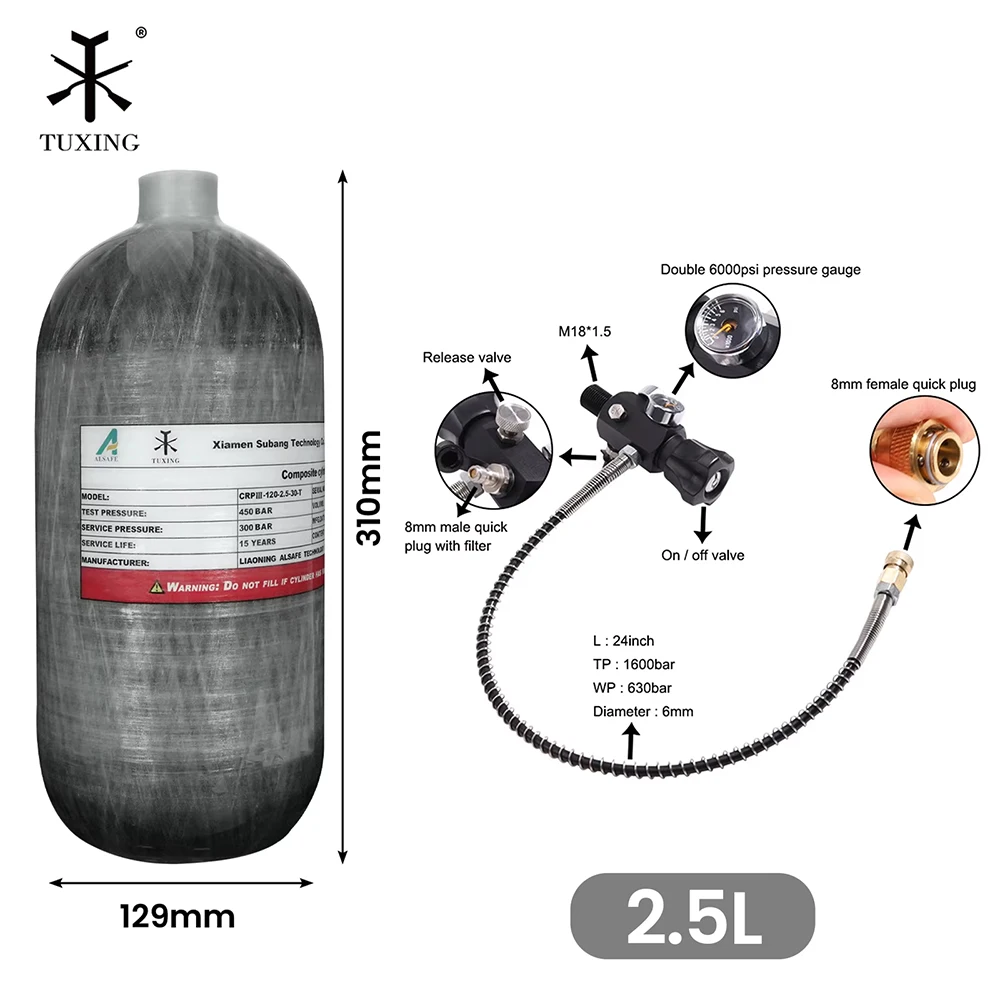 TUXING 300Bar 2.5L High Pressure Carbon Fiber Cylinder with 6000PSI Dual Gauge Inflation Valve HPA Tank for Scuba Diving M18*1.5