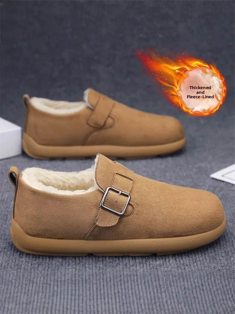 Thickened Fleece Lined Cotton Slippers Unisex Winter Warm Indoor Outdoor Anti-Slip Fur Leather Slippers Birkenshoes Style