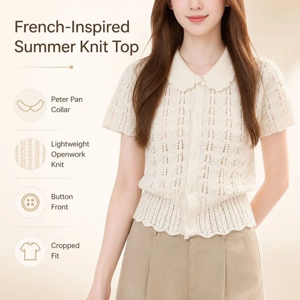 Openwork Texture Short Sleeve Knit Shirt Button Front Cropped Style Knit Cardigan Peter Pan Collar Women's T-shirt Daily Wear