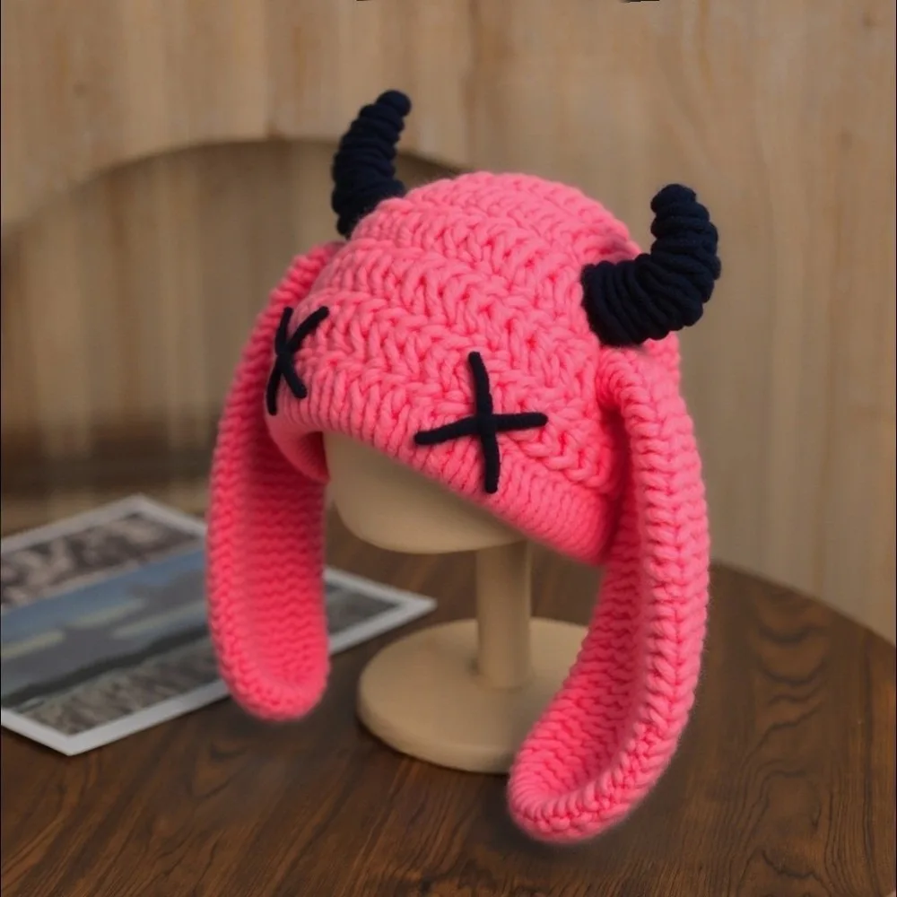 

Милая универсальная вязаная шапка-бини с длинными ушками в стиле Y2K, панк-готика, осенне-зимняя