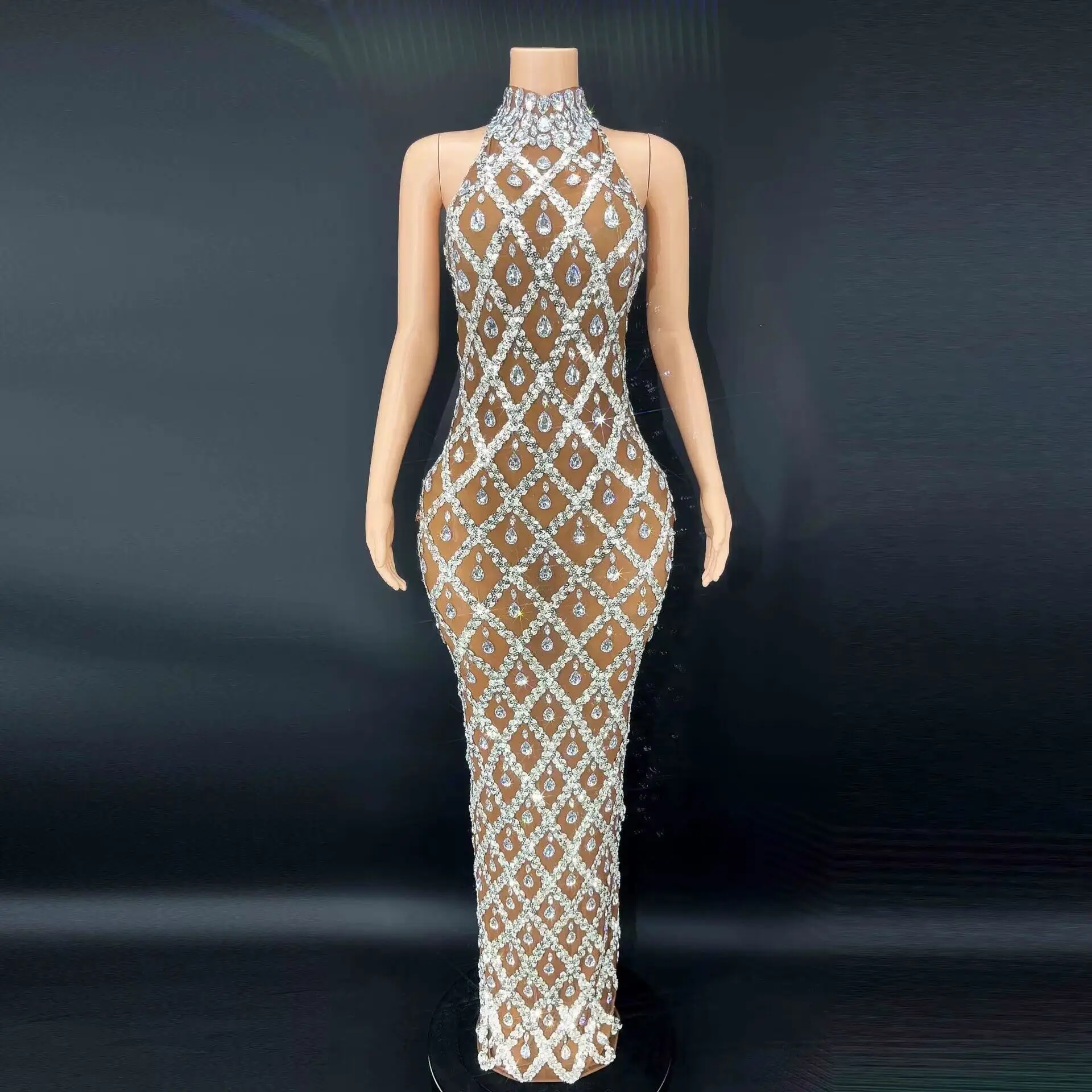 Vestido de lentejuelas de diamantes de imitación brillantes para mujer, vestido de noche para baile de graduación, vestido de cumpleaños transparente para cantante de actuación, vestido de anfitrión de Club Sexy