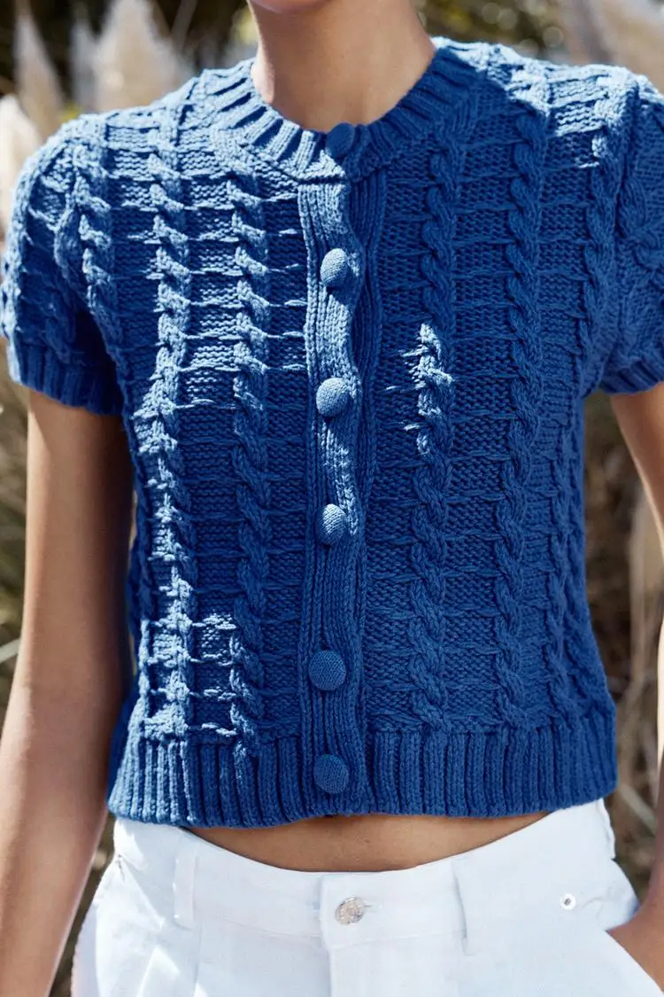 

European and American style 2025 new round neck single-breasted short-sleeved short knitted sweater