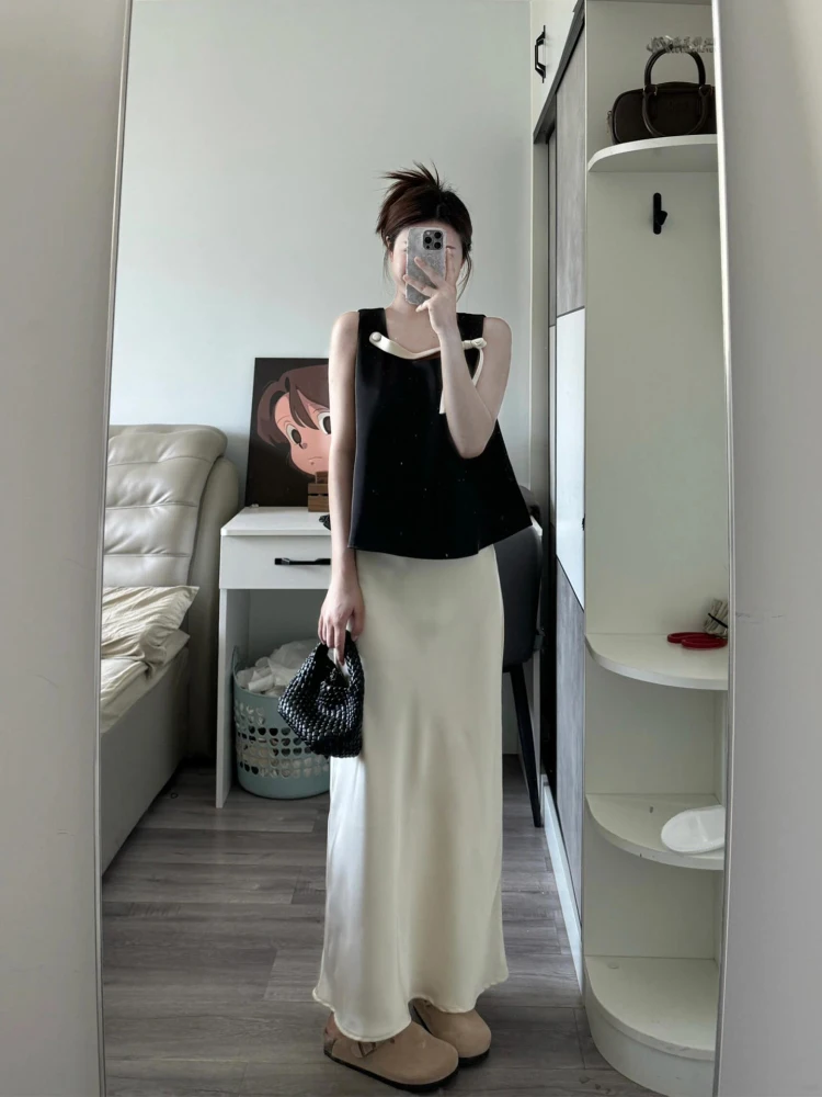 

Комплект XZY: Корейский атласный топ-жилет с завязками и юбка А-силуэта с завышенной талией для женщин, большие размеры, летний повседневный комплект