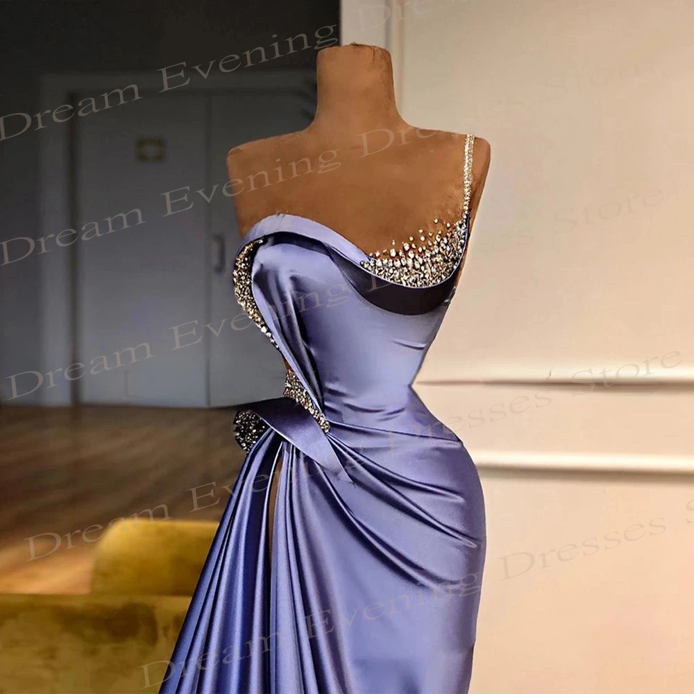 Generous Purple Mermaid Charming Evening Dresses Sleeveless Prom Gowns Ruched Satin With Beading Robe De Soirée Luxe Elégante