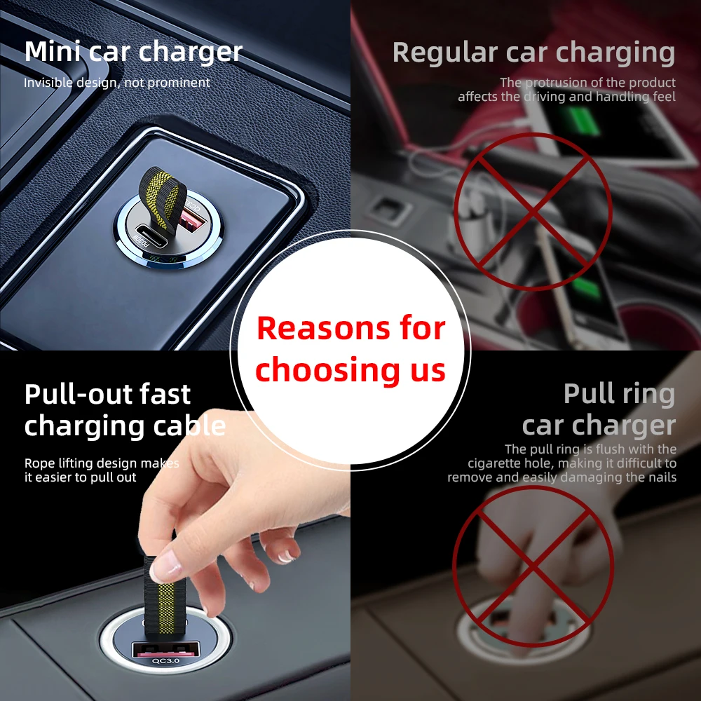 200W Mini USB Carregador de carro Super Fast Charging Type-C PD Quick Charge Car Phone Charger Adapter para iPhone 15 Huawei Samsung