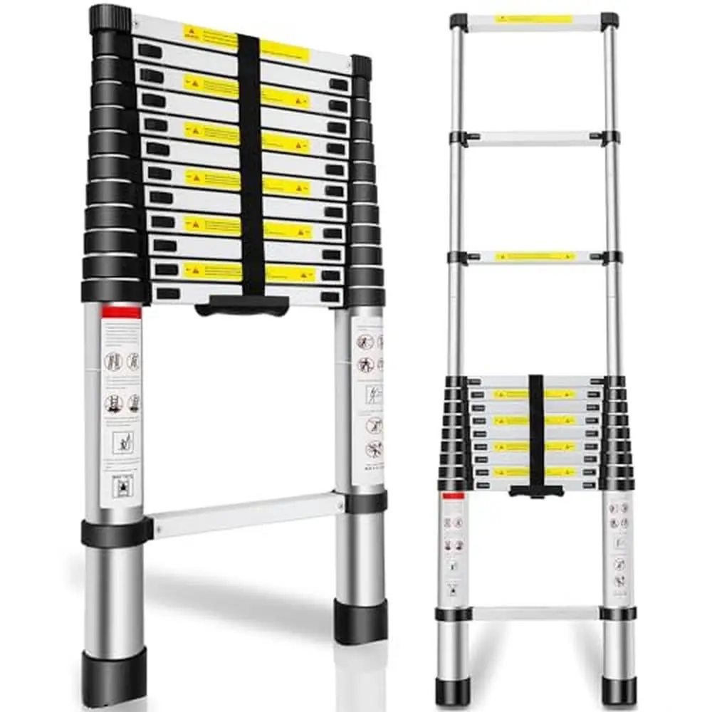 Telescopic Extension Ladder 12.5ft Aluminum Alloy Folding Portable Multi-Purpose Indoor Outdoor Work Locking Mechanism Safe &