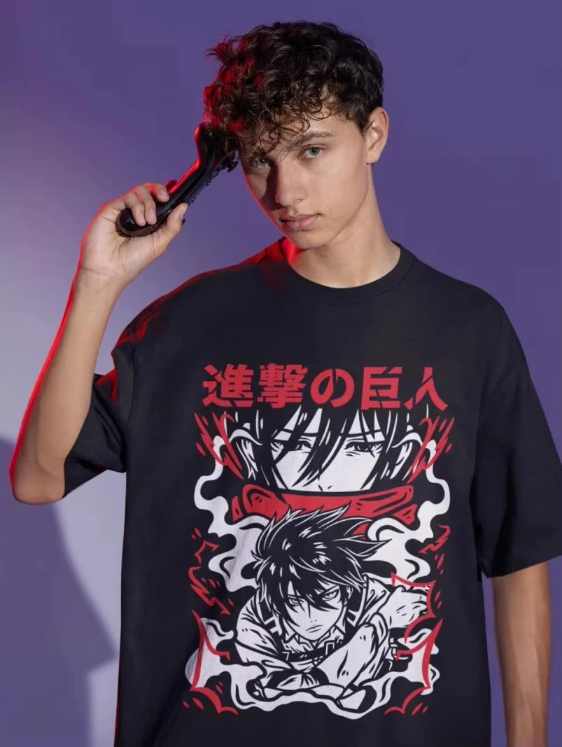미카사 아커만 진격의 거인 티셔츠 쇼게키노쿄진 애니메이션 여름 면 남녀 커플 티셔츠 스트릿웨어 유니섹스 캐주얼 탑