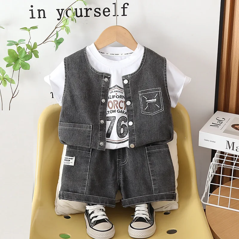 男の子用服セット幼児服2026夏韓国風シングルブレストデニムベスト-白tシャツ-ショートパンツ3点セットベビー用