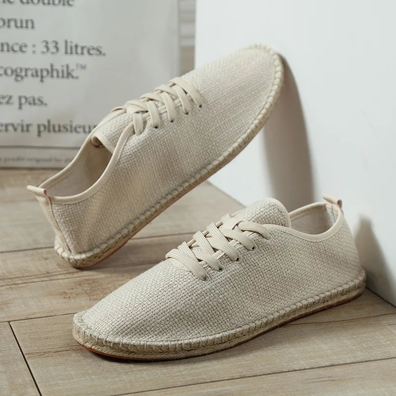 Zapatos de lona de lino para hombre, con cordones, estilo alpargata, suela de yute tejida a mano, transpirables, sin cordones, informales, planos, zapatillas de verano. ﻿