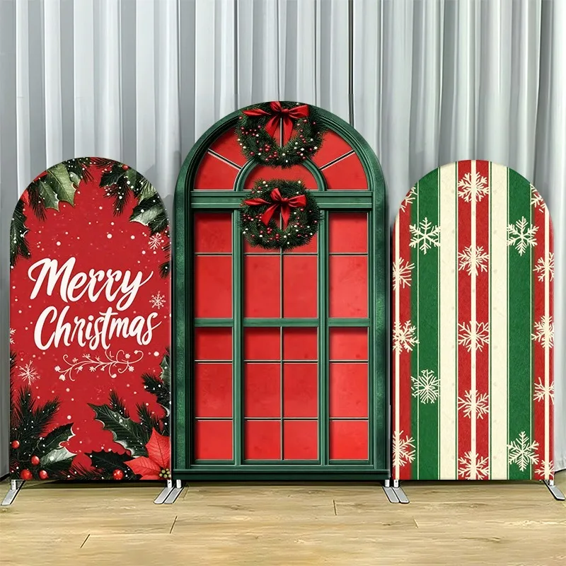 

Arch Backdrop Cover Single Side Festive Christmas Window Holographic Red Green Party Decoration Photo Booth Background Event
