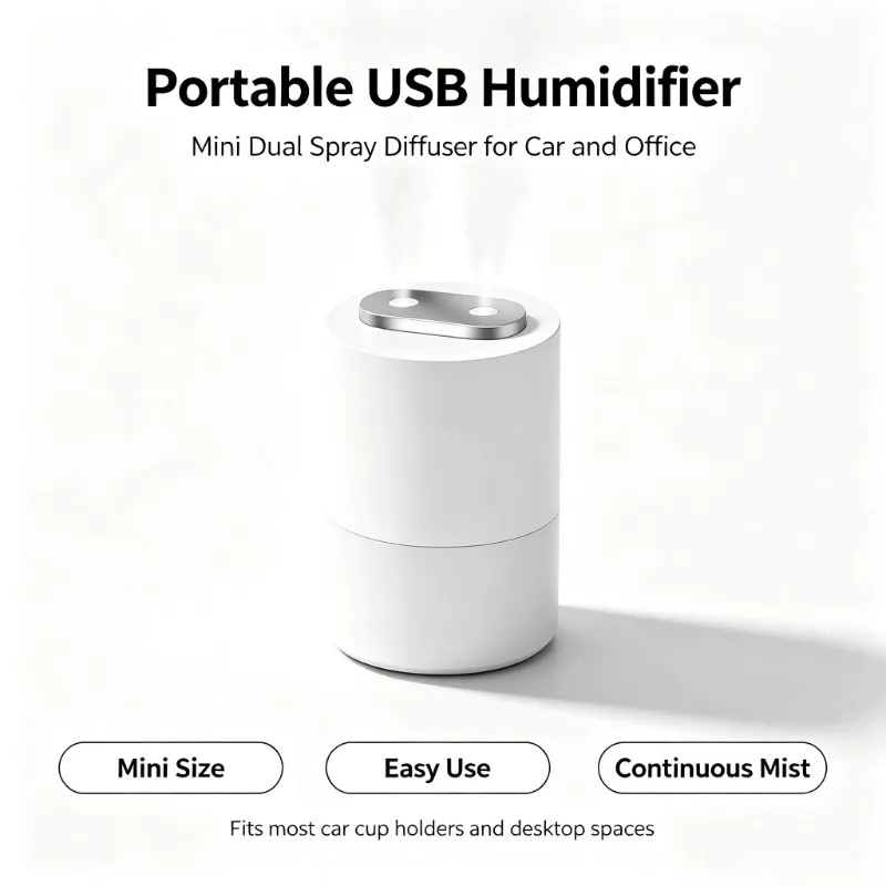 Dual Nozzle Mini USB Humidifier Portable Quiet Ultrasonic Mist Maker Desktop Car Air Moistener For Home Office Vehicle Bedroom