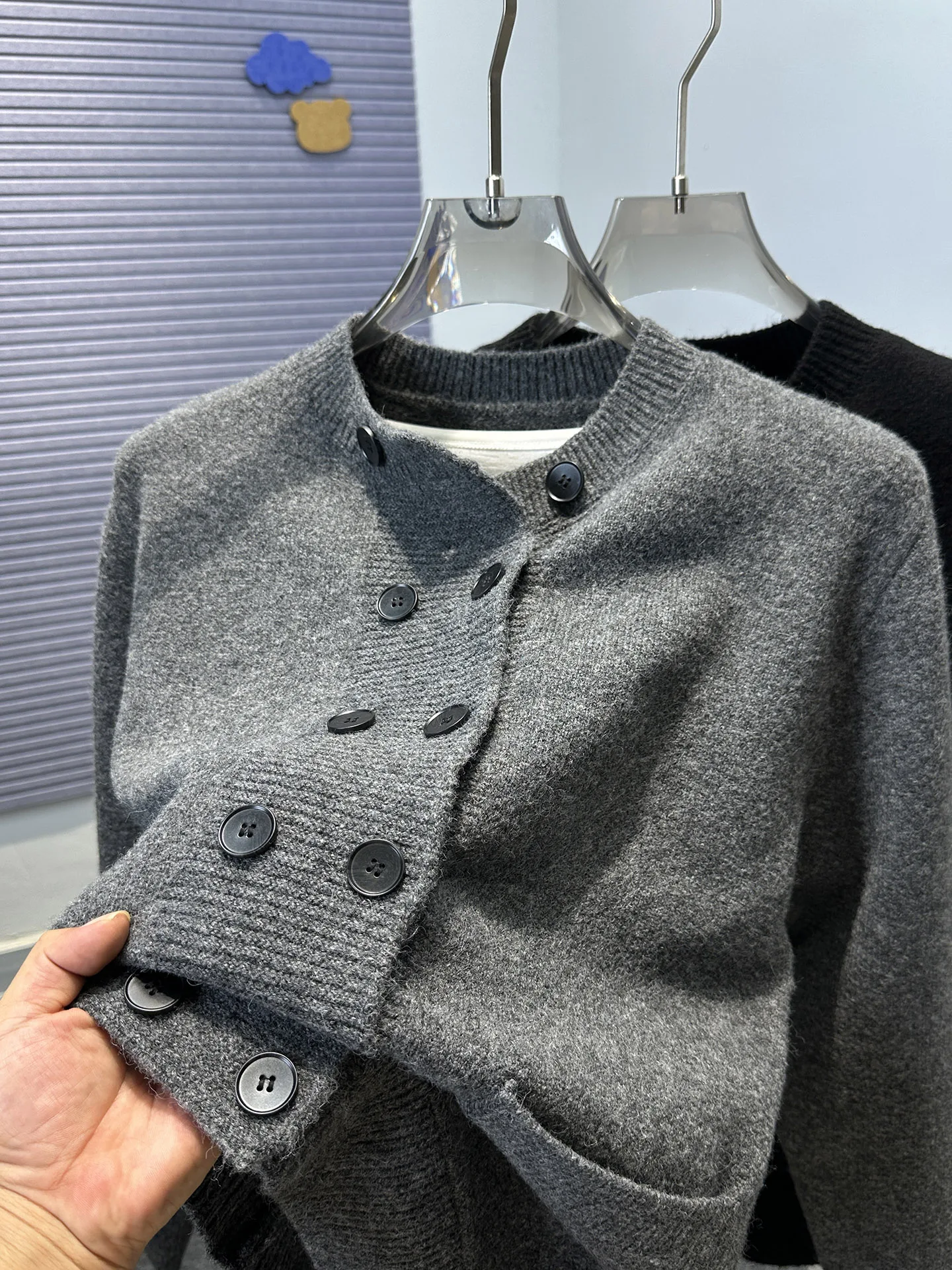 

Double-Button Open Cardigan Men's round Ne Loose Casual Knitted Sweater Outerwear High-End Feeling Pure Color Trendy