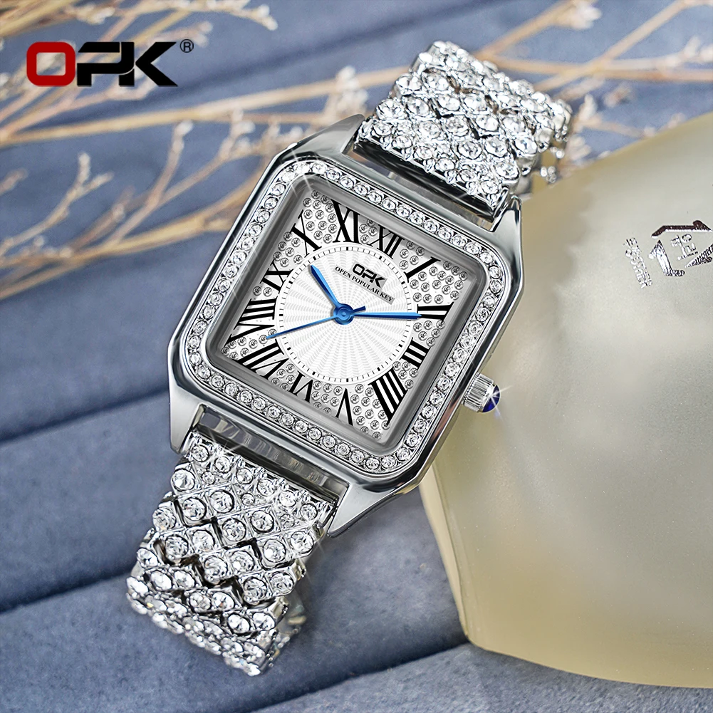 ساعة كوارتز للسيدات بحزام فولاذي بمقياس روماني مقاومة للماء من الماس بالكامل من OPK 8619