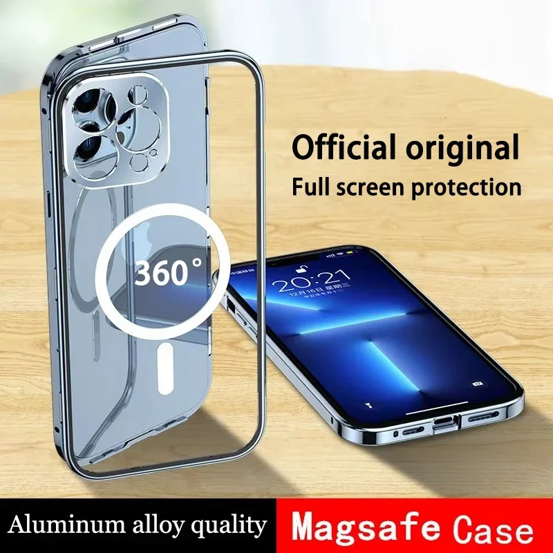 

For iPhone 16 15 13 14 Pro Max Case Magnetic Magsafe Compatible 360° Full Screen Glass Closed Aluminium Alloy Protection Cover