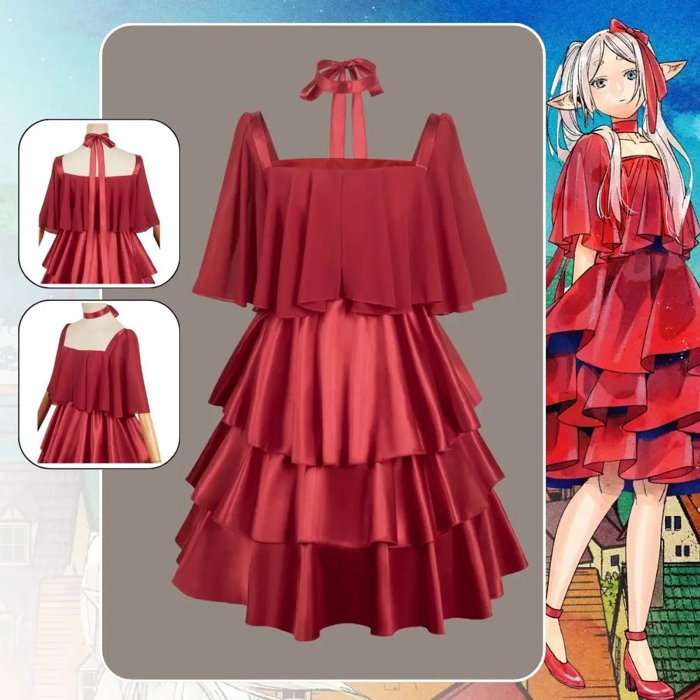 

Anime Sousou Of Frieren Frieren Cosplay Fantasy Disguise For Girls Women Adult Red Dress Neck Decoration Halloween Carnival Suit